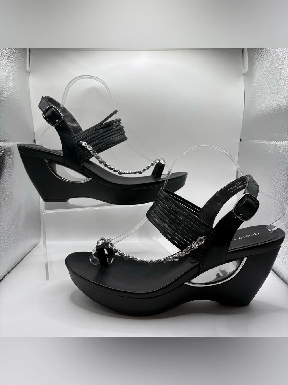 Andrew Geller Black Wedge Sandals with Crystal Accent